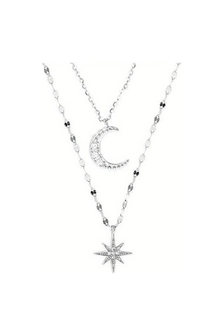 Tcherchi Gümüş Renk Yıldız Ay Çift Katmanlı Kolye Gümüş