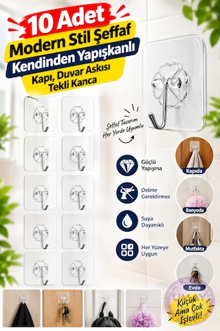 10 Adet Modern Stil Şeffaf Kendinden Yapışkanlı Kapı, Duvar Askısı Tekli Kanca