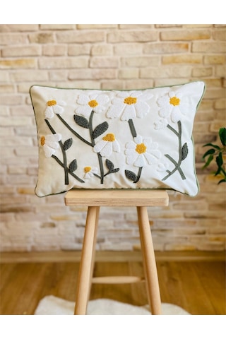 Swita Home Punch İşlemeli Tekli Dekoratif Papatya Desen Kırlent Kılıfı Panç Yeşil - Beyaz