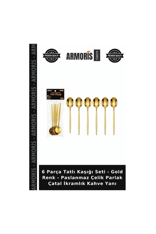 6 Parça Tatlı Kaşığı Seti - Gold Renk - Paslanmaz Çelik Parlak Çatal İkramlık Kahve Yanı Çok Renkli