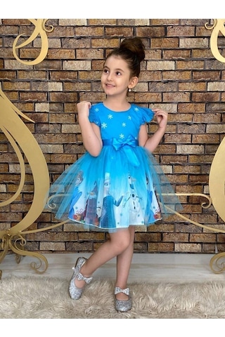 Neşeli Bebe Frozen Elsa Temalı Yazlık Kız Çocuk Elbise 4-7 Yaş Hafif Kumaş Günlük Kullanıma Uygun Mavi