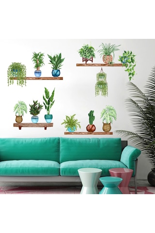 Raflı Saksılı Çiçek Tasarımlı Yapışkanlı Sticker 5060 Çok Renkli