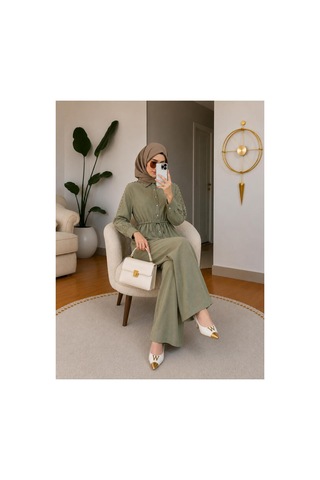 Hira Life Fashion Kadın Kolu Taş Detaylı Bel Bağlamalı Salaş Keten Gömlek Pantolon İki 'li Şık Takım Yeşil Yeşil