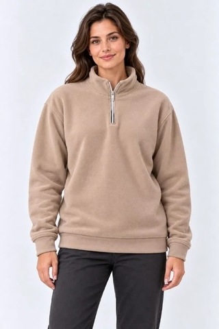 Tarzyeri Kadın Polar Dik Yaka Yarım Fermuarlı Uzun Kollu Regular Fit Kışlık Sweatshirt - Bej