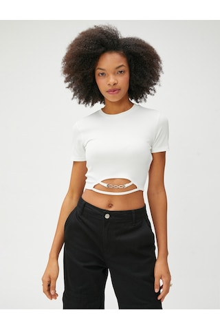 Koton Crop Tshirt Kısa Kollu Bisiklet Yaka Metal Aksesuarlı Ekru 3sal10178ık 3SAL10178IK010 Ekru