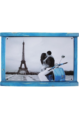 Rustik Ahşap Çerçeveli Vintage Metal Pano Eiffel 20x30