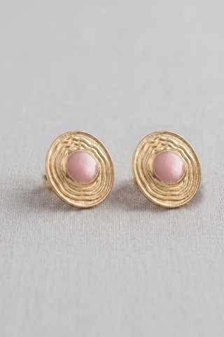 Vintage Pembe Mineli Çizgili Dik Elips Küpe Renkli