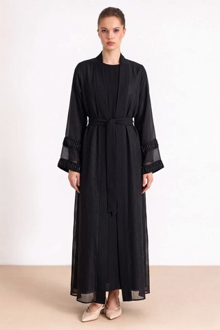 Olcay Kolları Taş Detaylı Organze Abaya Takım Siyah 9449-tk