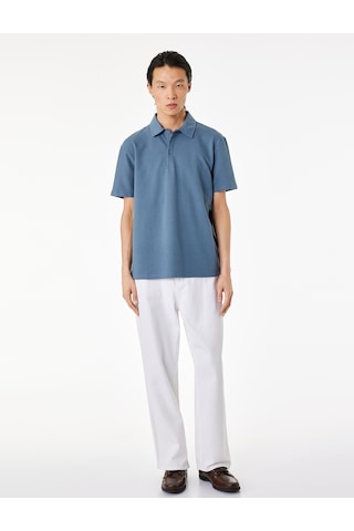 Koton Regular Fit Kısa Kollu Dokulu Pamuklu Polo Yaka Tişört Mavi 6sam10078mk