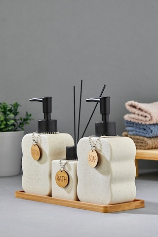 Cooker 3'lü 300 Ml Seramik Bambu Standlı Banyo Seti Ckr3883 Bej