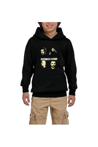 Zepplin Giyim System of a Down Grup Face Siyah Çocuk Kapşonlu Sweatshirt Siyah