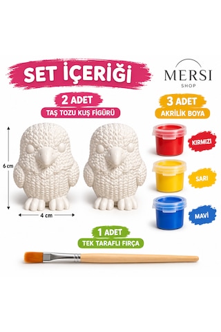Kendi Kuşunu Boya Seti 2 Li Taş Tozu Figür 3 Renk Boya Ve Fırçalı Hobi Boyama Seti