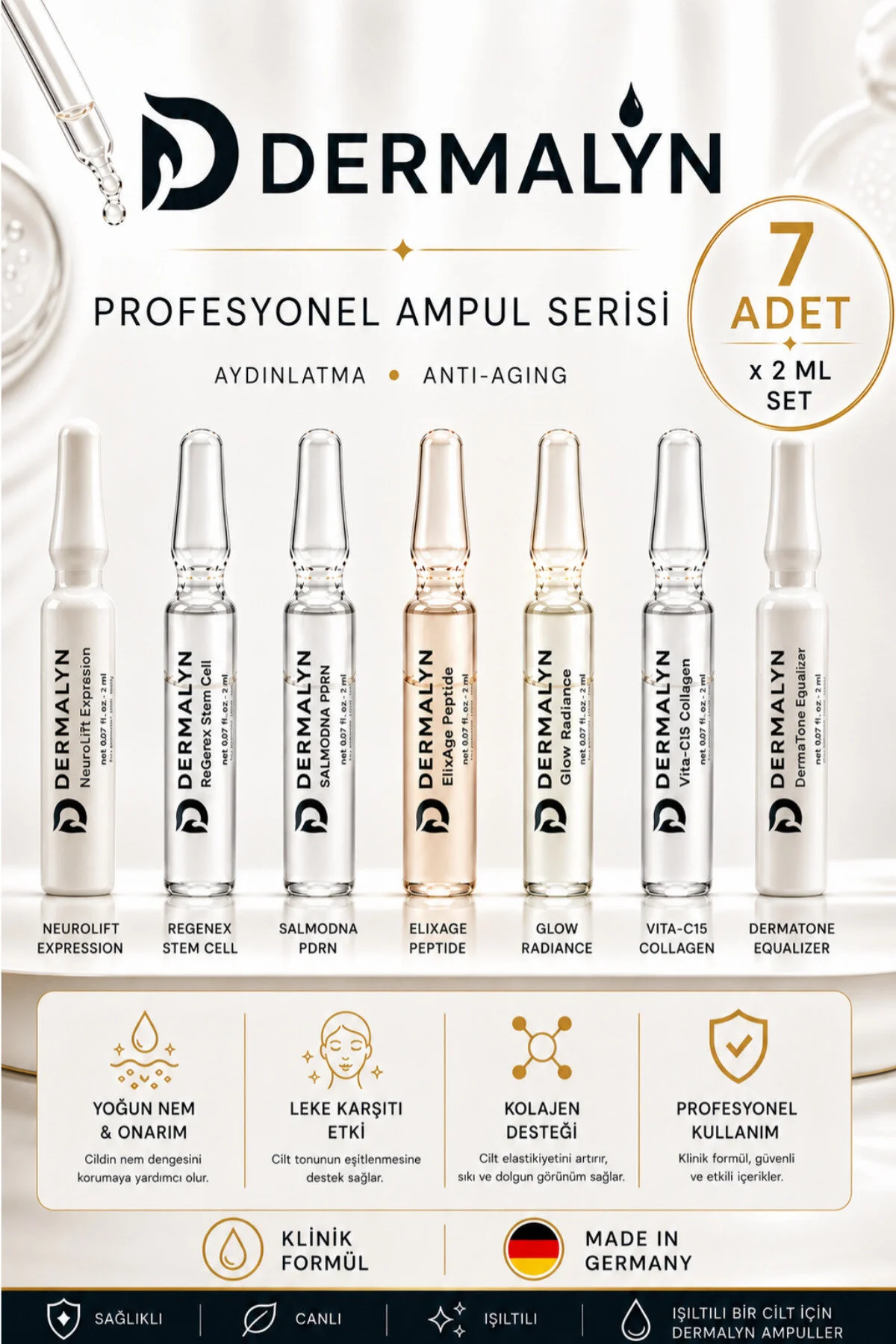 Dermalyn 7 Li Cilt Bakım Seti Kırışıklık Leke Somon Dna Kök Etkili Ampul Serum Dermaroller