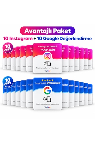 20'li Nfc Kart Avantajlı Paket 10 Instagram Takip + 10 Google Değerlendirme Kartı 9x9 Cm Şeffaf Pleksi