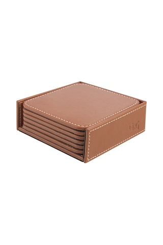 Bardak Altlığı,6 Lı Set,masaüstü Kare Cup Coaster,vegan Suni Deri,11x11 Cm.,taba