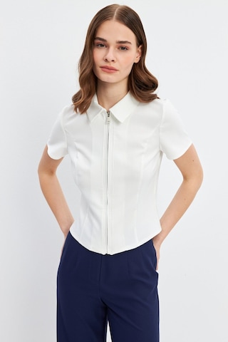 Stella Pulvis Beyaz Fermuarlı Slim Fit Kuplu Bluz Beyaz