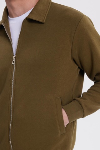 Tudors Unisex Relax Fit Rahat Kesim Pamuklu İçi Polarlı Fermuarlı Yeşil Polo Yaka Flato Cepli Sweatshirt Hırka-41976 Yeşil