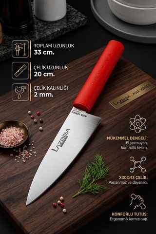 Lazbisa Mtf-346 Asia Serisi Mutfak Şef Bıçağı Seti Et Ekmek Sebze Şef Bıçak 3 Lü Set Günlük Kullanım Kırmızı