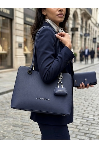 Just Polo Kadın Büyük Boy Premium Gümüş Logolu El Çantası Ve Cüzdanı Kombin Tote Bag Ebat : 22 X 34 Cm Lacivert Kombin