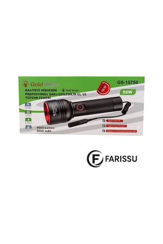 Gold Silver Gs-15750 50w 4000 Lümen Profesyonel Şarj Edilebilir Zoomlu Tü Fek Ve El Feneri Seti 6000 Mah Siyah