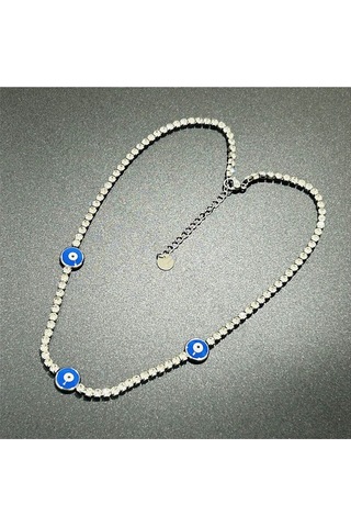 Su Yolu, Zirkon Taşlı, Nazarlı, Paslanmaz Çelik Kolye, Gümüş Renk Gümüş