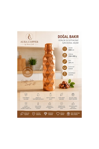 Otantik Pramit Desen Bakır Suluk Matara Su Şişesi Günlük - Spor - Okul 600 Ml -gümüş /rose Renk Seçenekli Altın