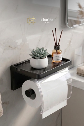 Raflı Tuvalet Kağıdı Askısı Yapışkanlı Kapaklı Banyo Organizer Siyah Siyah - Şeffaf