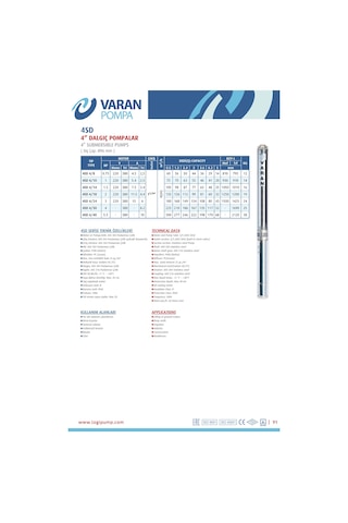 Varan 4sd 4/24 Tek Pompa 4" Derin Kuyu Pompası 3 Hp / 2.2 Kw, Monofaze 220 V, 180 Mss, 5 M3/h