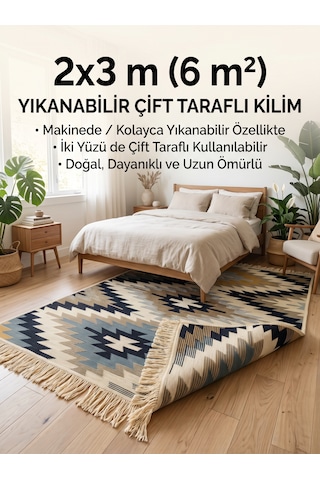 Çift Taraflı Yıkanabilir Dokuma Kilim 6 Metrekare Zilli Turkuaz 200x300cm Turkuaz - Mavi