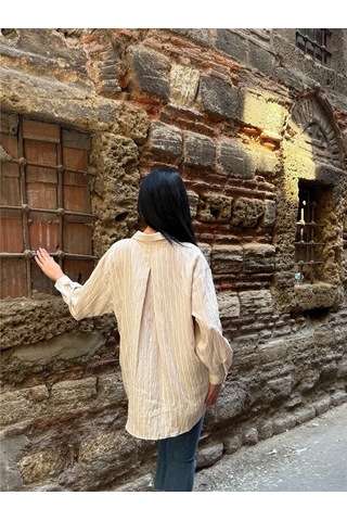 WeShaya Taş Çizgili Oversize Düğmeli Gömlek Taş