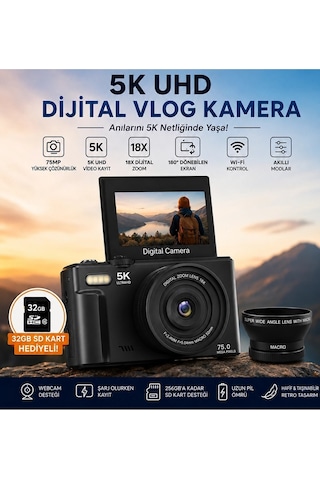 5k 75mp 18x Zoom Flaşlı 3 Flip Ekranlı Türkçe 32gb Kart Dijital Vlog Fotoğraf Makinesi Lens Najmaddin