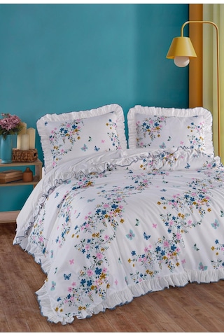 Uçkan Home %100 Pamuk Çift Kişilik Nevresim Seti Fırfırlı Süs Dikişli Mavi Çiçek Desen Mavi --UH-00032