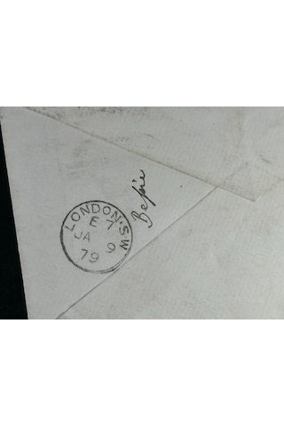 İngiltere Klasik Dönem 1879 Victoria Dönemi Pink Penny Kendinden Pullu Antiye Zarf Varış Damgalı