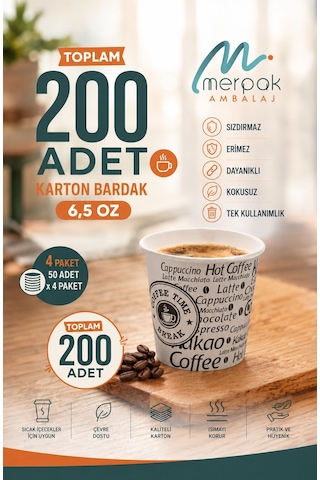 Karton Bardak 6,5 Oz 200'lü Sızdırmaz Erimez Kağıt Bardak