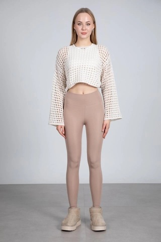Maximodena Ekru Ajurlu Crop Bluz - Ekru
