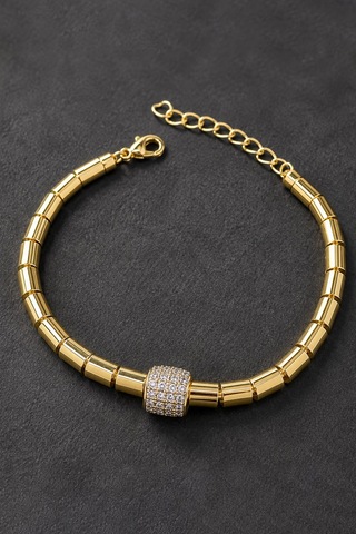 Valmont Accessories Paslanmaz Çelik Zirkon Taşlı Silindir Detay Kadın Bileklik 19+5 Cm Ayarlanabilir Altın
