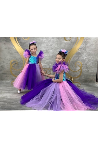 Ay Kids Kız Çocuk Deniz Kızı Temalı Kabarık Tütü Elbise Parti Elbisesi 1405mor Mor
