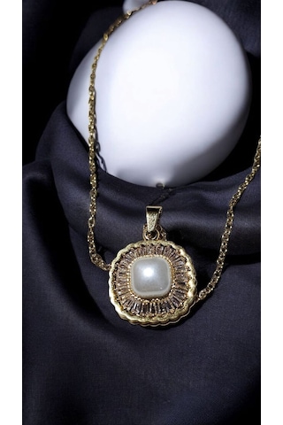 Altın Renk Işıltılı İnci Taş Detaylı Kolye Zarif Kadın Takı Mod