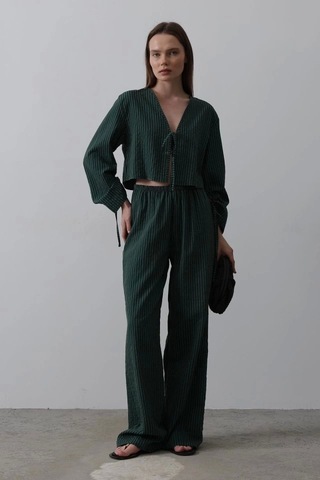 Defymoda Önü Bağlamalı Crop Takım - Yeşil Yeşil