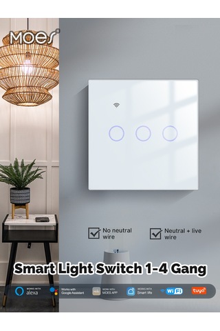 Moveevo Moeshouse Akıllı Anahtar 2 Yollu Avrupa Stili - Wifi + Ble Bağlantı, Uzak Kumanda, Zamanlayıcı, Ses Kontrolü, Tek Ve Sıfır Ateş Uyumlu Beyaz