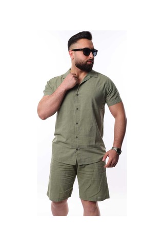 Mcz Giyim Keten Erkek Kısa Kollu Slim Gömlek Yaka Haki Pamuk Gömlek Ve Boru Paça Şort Alt Üst Takım