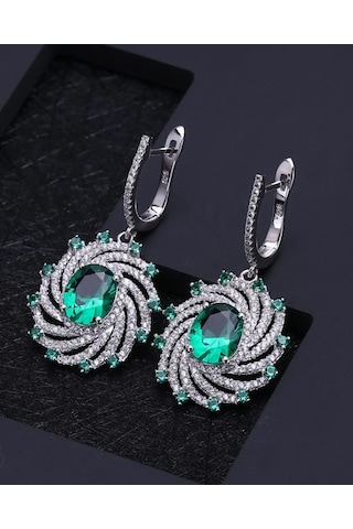 Brezza Lusso Jewelry Zümrüt Oval Taşlı Luxury Vintage Kadın Gümüş Kolye Küpe Set