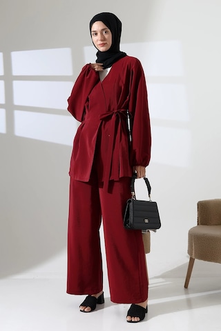 Kadın 100% Pamuk Modal Bordo Kimono Pantolon Tesettür Takım Çok Renkli