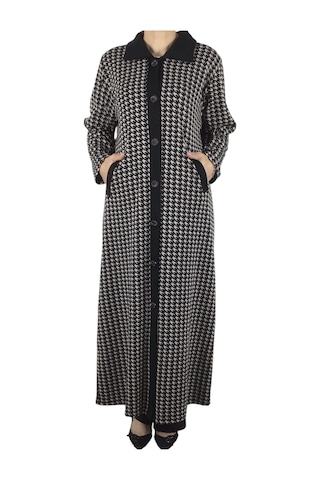 Kadın Desenli Önü Düğmeli Cepli Çelik Örgü Pardesü Siyah