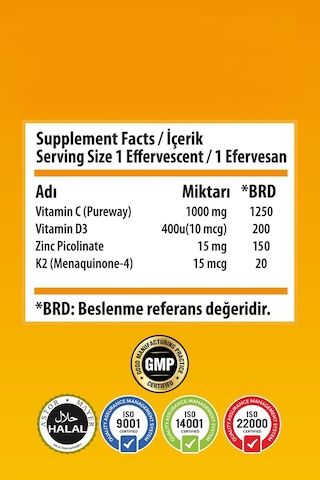 Swiss Bork C Vitamini 1000 Mg Çinko D3 K2 İçeren 20 Efervesan Tablet 3 Lü Avantaj Paket