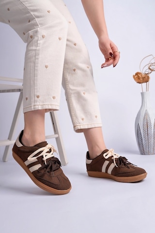 Muggo Taupe Çift Bağcıklı Günlük Kadın Sneaker Spor Ayakkabı Kahverengi