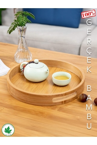 Yuvarlak Bambu Tepsi, Kulplu Sunum Tepsisi, Servis Tepsisi, Kahve Tepsisi, Keyif Tepsisi, Modern Tahta Tepsi - 30 Cm Bambu