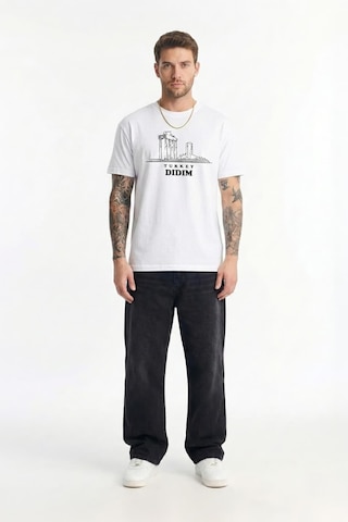 Erkek Bisiklet Yaka %100 Pamuk Didim Baskılı Kısa Kollu T-shirt Beyaz