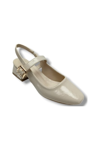 Ceylan Shoes 315-26 Kırışık Rugan Deri Kısa Kare Topuk Arkası Açık Kadın Ayakkabı Bej