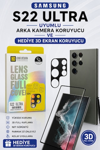 Samsung S22 Ultra Uyumlu Arka Kamera Koruyucu+ Full Ekran Koruyucu Si Yah